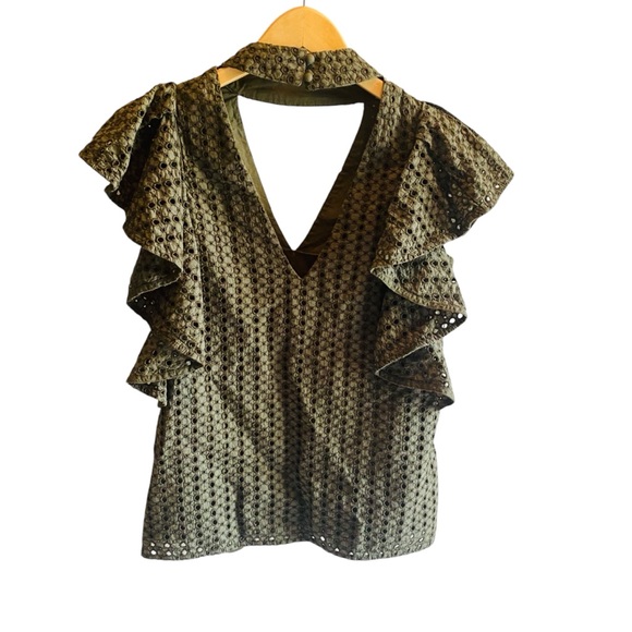 BANANA REPUBLIC Eyelet Lace Top XS Short Flutter Sleeve Choker V Neck Green - Picture 3 of 6